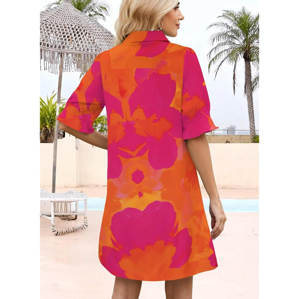 Womens Summer Shirt Dress 2026 Casual Ruffle Short Sleeve Button Down Flowy Swing Shift Mini Dresses With Pockets