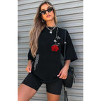 UOUA Women Oversized Graphic T-Shirt Casual Cotton Tees Printed Summer Tops Rose-black
