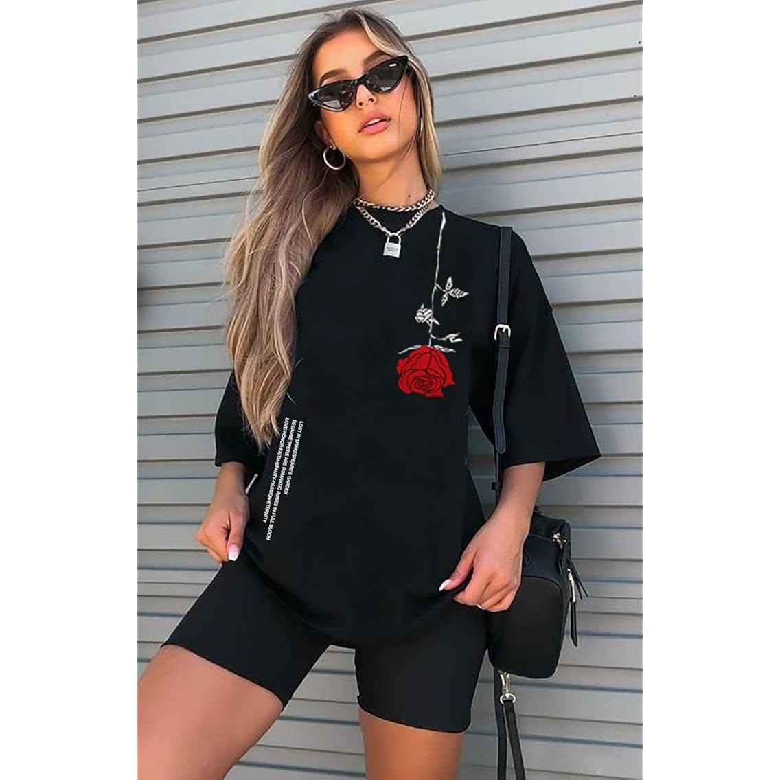 UOUA Women Oversized Graphic T-Shirt Casual Cotton Tees Printed Summer Tops Rose-black