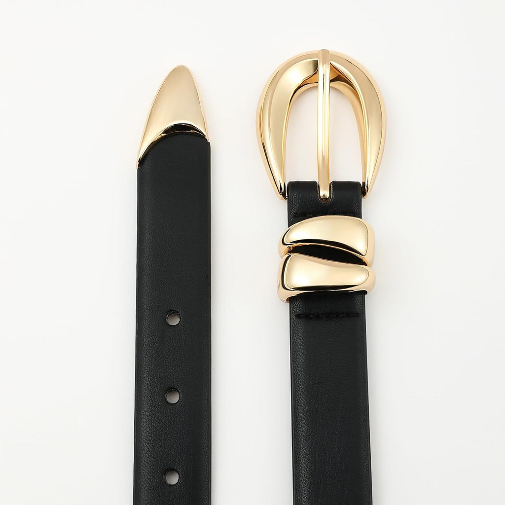 RISANTRY Leather Belt for Women Stylish Design with Gold Buckle Ladies Black Belt Perfect for Jeans Dresses