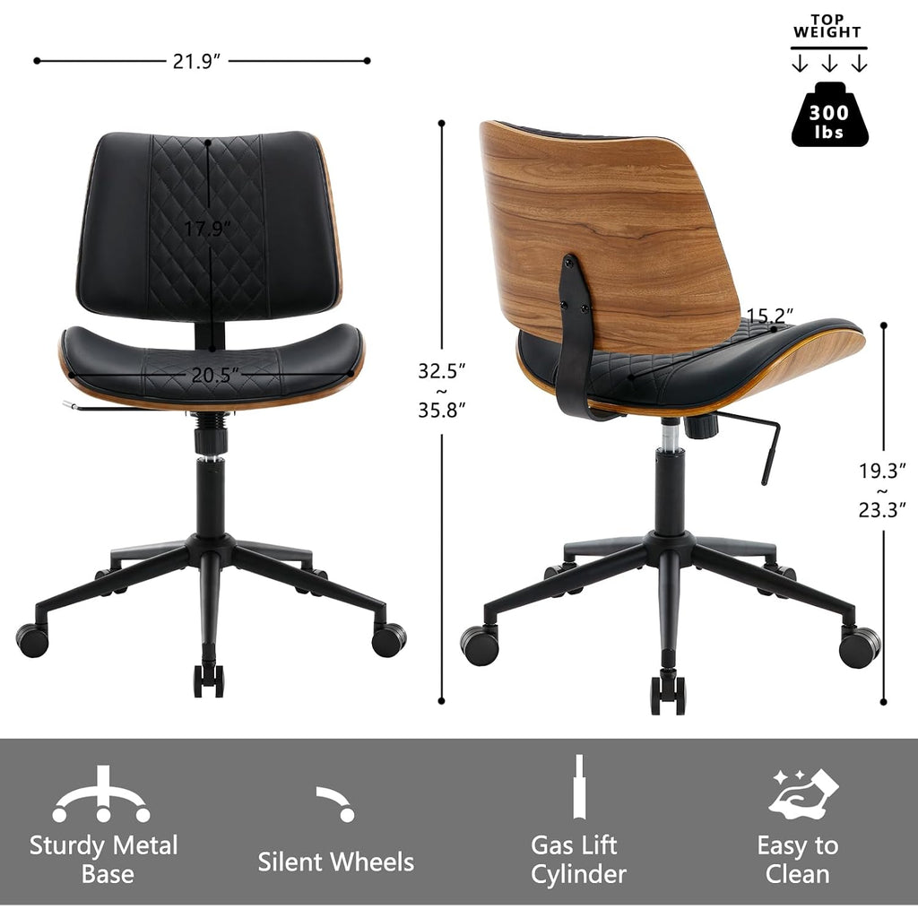 Home Office Chair No Arms With Wheels, Adjustable Height Small Desk Chair, Pu Leather Mid Back 360 Swivel Computer Chair, Armless Modern Walnut Chair For Office, Reading Meeting Room(Black)