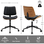 Home Office Chair No Arms With Wheels, Adjustable Height Small Desk Chair, Pu Leather Mid Back 360 Swivel Computer Chair, Armless Modern Walnut Chair For Office, Reading Meeting Room(Black)