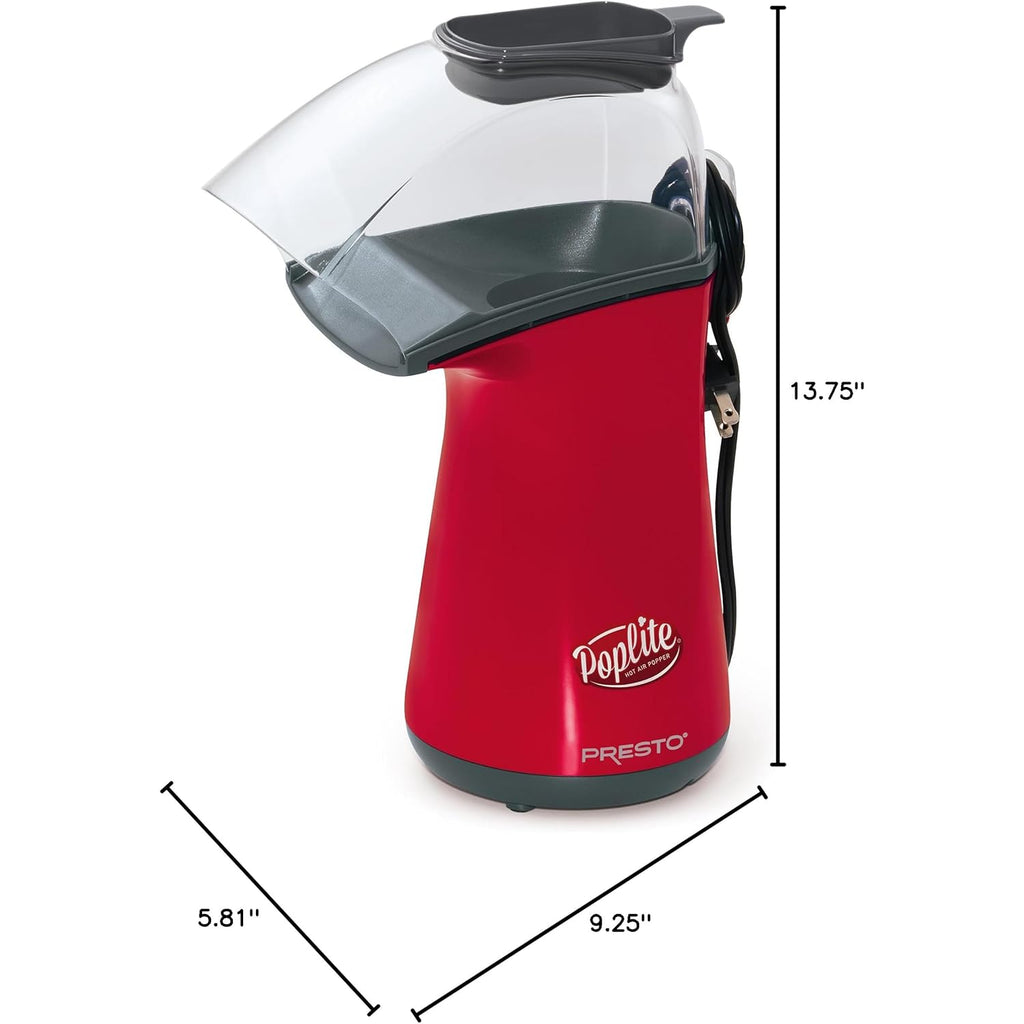 Presto 04863 Poplite Hot Air Popcorn Popper - Built-In Measuring Cup + Melts Butter, Easy to Clean, Built-In Cord Wrap, 18 Cups, Red