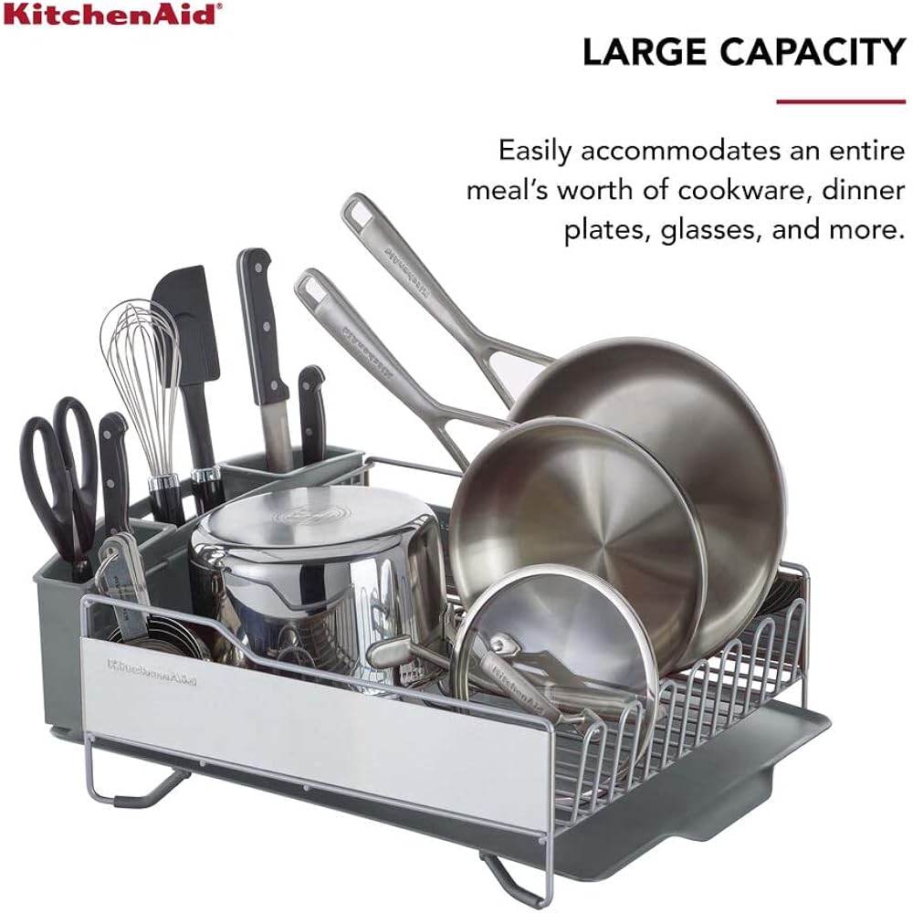 KitchenAid Large Capacity Full Size Rust Resistant Dish Rack with Angled Drain Board and Removable Flatware Caddy, Light Grey