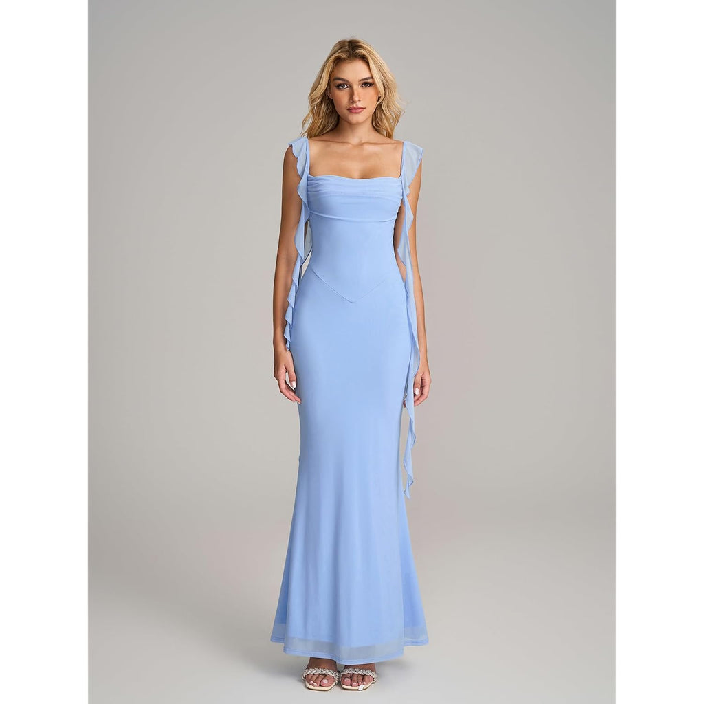 Kutumai Elegant Long Formal Wedding Guest Dresses For Women 2026 Ruffle Bodycon Cocktail Party Maxi Dress