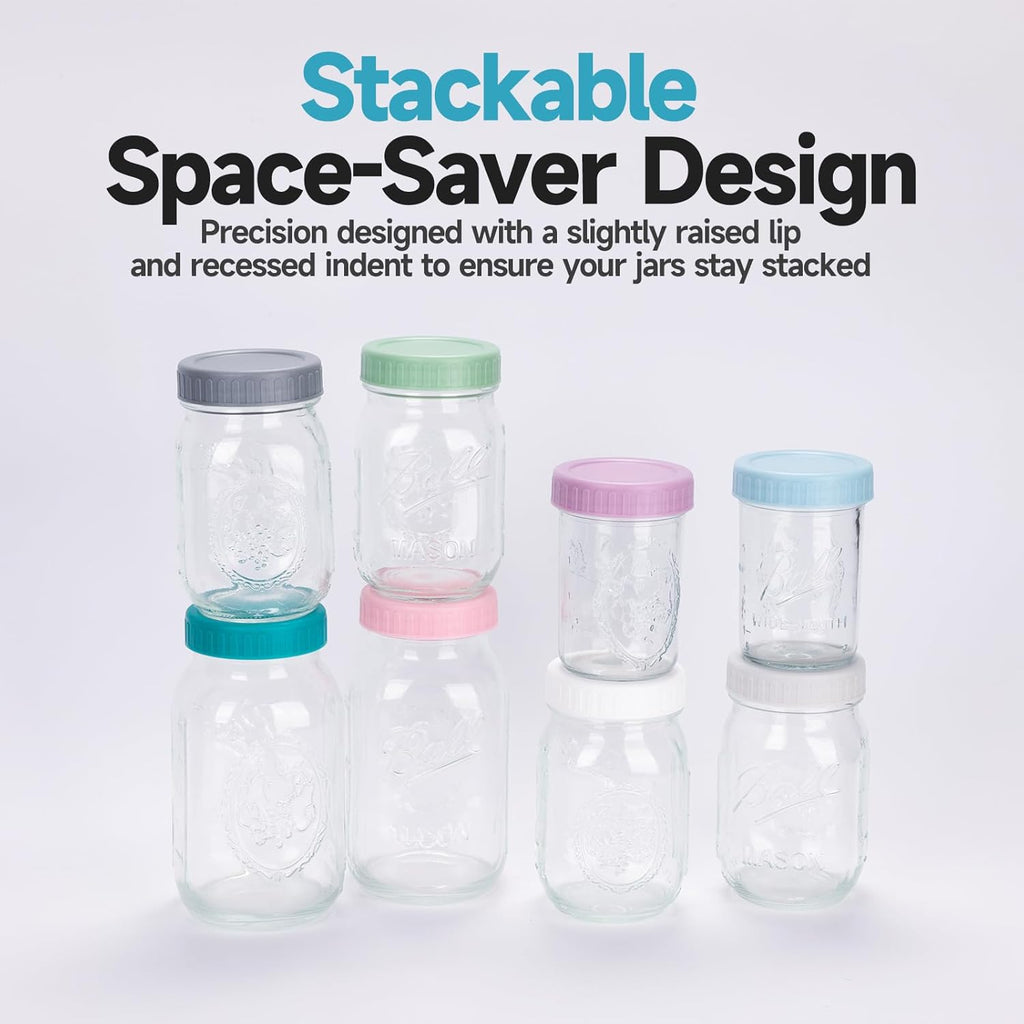 [16 Piece]8 Wide Mouth + 8 Regular Mouth Mason Jar Lids, Multi Color Plastic Lids for Mason Jars with Silicone Rings, Thickened Leak-Proof Canning Lids Regular Wide Mouth