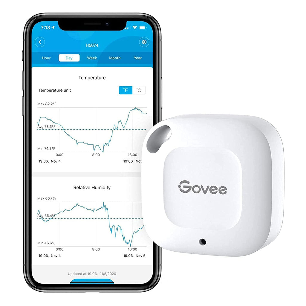 Govee Smart Bluetooth Thermometer Hygrometer H5074, Mini Humidity Sensor | Monitor Temp/Humidity With Alerts, 262Ft Range. Export 2-Yr Data, Precision Sensor, Portable. For Greenhouse & Incubators