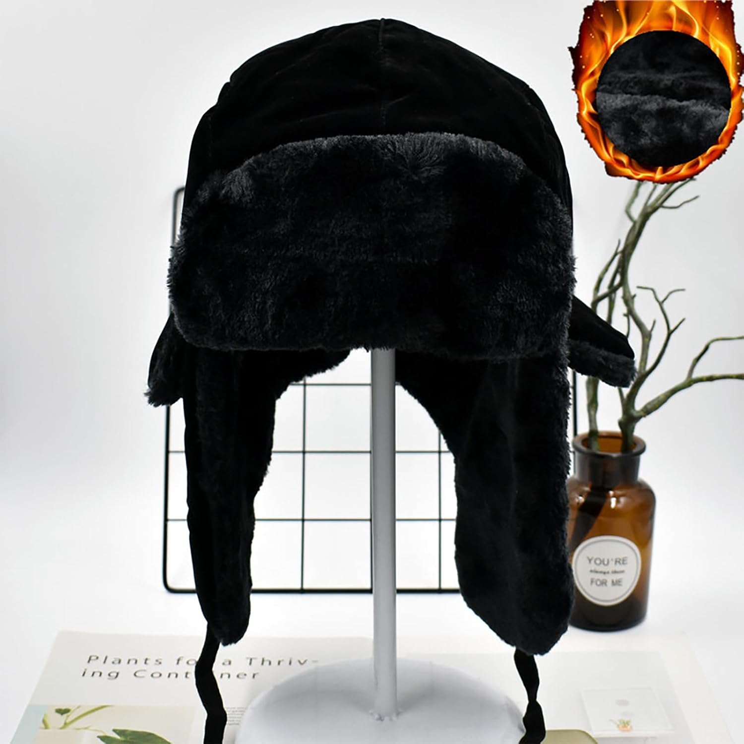 Winter Trapper Hat for Women Men, Faux Fur Windproof Hat with Ear Flaps Warm Russian Ushanka Hunting Cap for Cold Weather Black