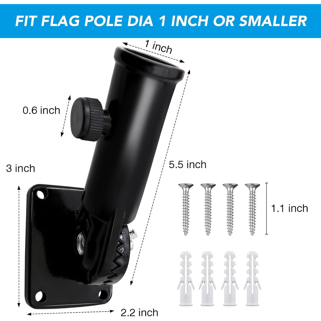 Hoople Flag Pole Holder For Outside House, Adjustable Flag Pole Mount, Metal Flag Holder For Outside, Multi-Position Aluminum Flag Pole Bracket, Stainless Hardware, High Wind Resistance, 1 Inch Black