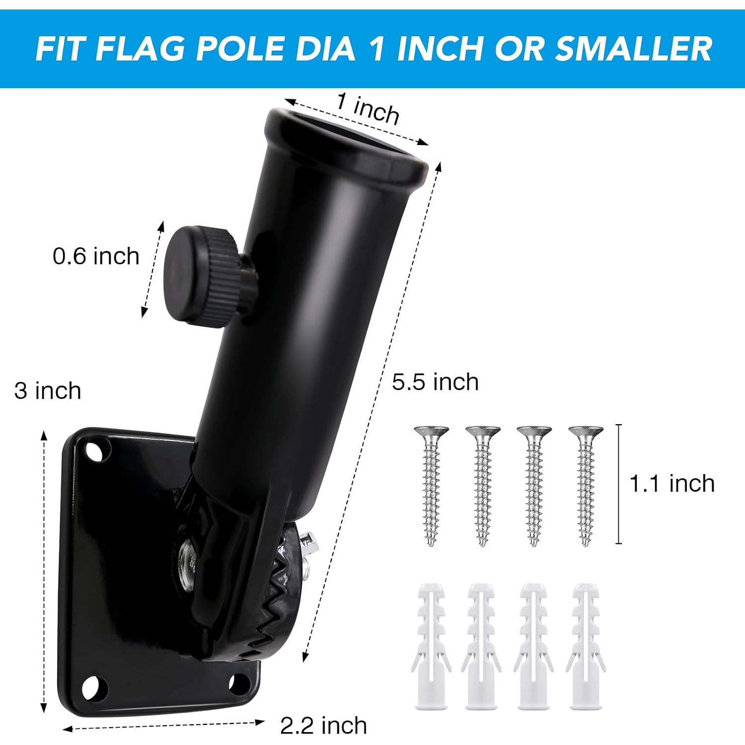 Hoople Flag Pole Holder For Outside House, Adjustable Flag Pole Mount, Metal Flag Holder For Outside, Multi-Position Aluminum Flag Pole Bracket, Stainless Hardware, High Wind Resistance, 1 Inch Black