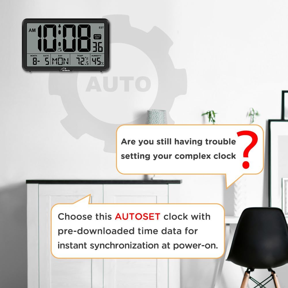 Auto Set Digital Wall Clock Battery Operated, Desk Clocks With Temperature, Humidity And Date, Large Display Digital Calendar Alarm Clock For Elderly, Bedroom, Office, 8 Time Zone, Auto Dst.