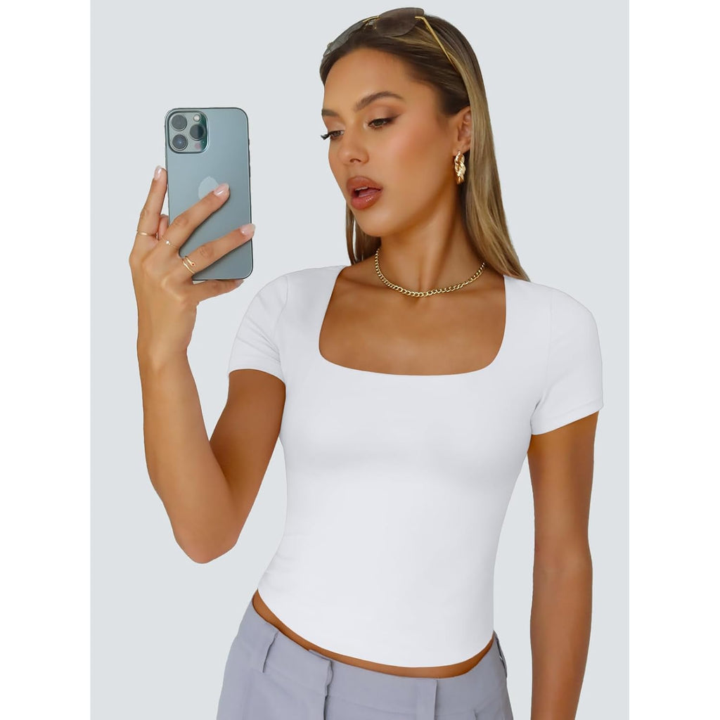 Trendy Queen Womens Double Lined Short Sleeve Crop Top for Summer Going Out