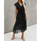 Btfbm Women Summer Bohemian Floral Casual Wrap V Neck Ruffle Cap Sleeveless Belt A-Line Pleated Hem Midi Sun Dress White