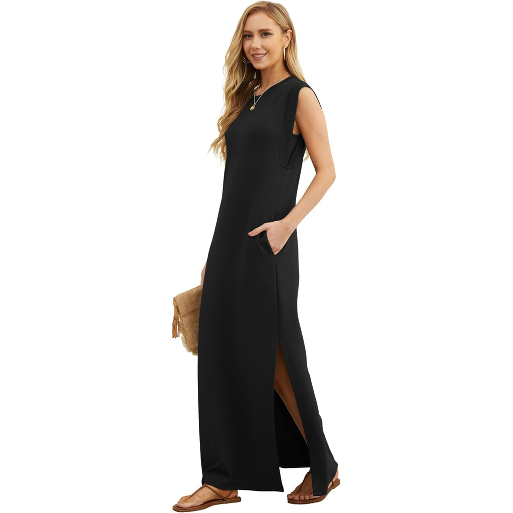 Grecerelle 2026 Women Year-Round Casual Round Neck Loose Split Wrinkle-Free Long Maxi Vacation Dress With Pockets (Xxs-4Xl)