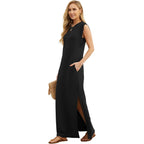 Grecerelle 2026 Women Year-Round Casual Round Neck Loose Split Wrinkle-Free Long Maxi Vacation Dress With Pockets (Xxs-4Xl)