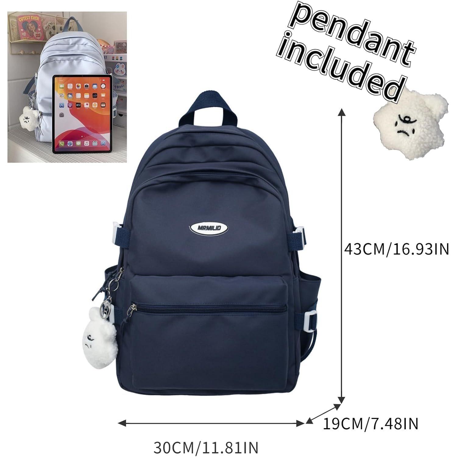 Vttdb Kawaii Backpack With Cute Accessories Casual Aesthetic Daypack Simple Laptop Bag Waterproof Travel Rucksack For Women (Dark Blue)