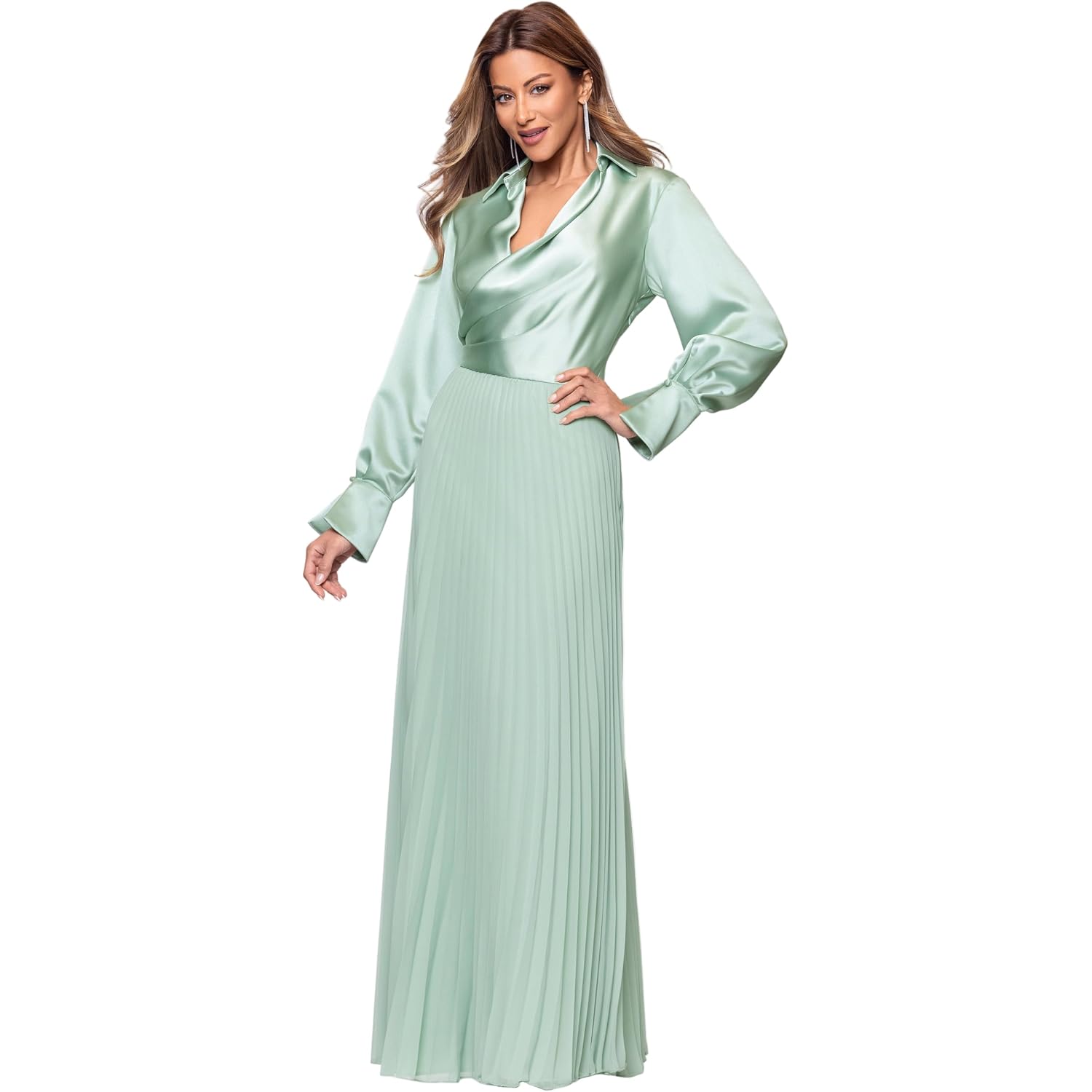 Xscape Women'S Satin Surplice Neck Long Sleeve Floor Length Dress