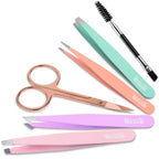 TsMADDTs 6 pcs Tweezers Set for Women, Eyebrow Tweezers with Curved Scissor for Ingrown Hair, Hair Plucking Daily Beauty Tools with Leather Travel Case