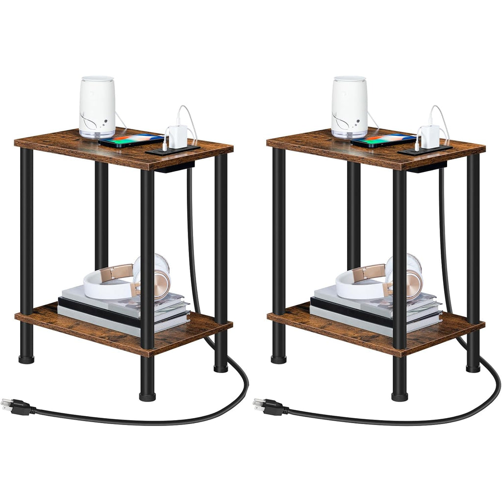 Hoobro Side Table With Charging Station, Set Of 2 End Tables With Usb Port And Outlets, Nightstand With 2-Layer Storage Shelves For Small Spaces, Living Room, Bedroom, Rustic Brown Bf09Ubzp201