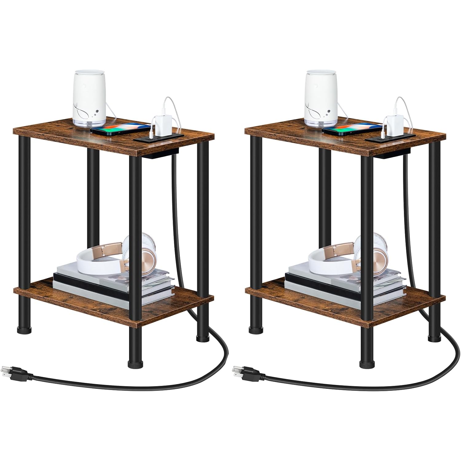 Hoobro Side Table With Charging Station, Set Of 2 End Tables With Usb Port And Outlets, Nightstand With 2-Layer Storage Shelves For Small Spaces, Living Room, Bedroom, Rustic Brown Bf09Ubzp201