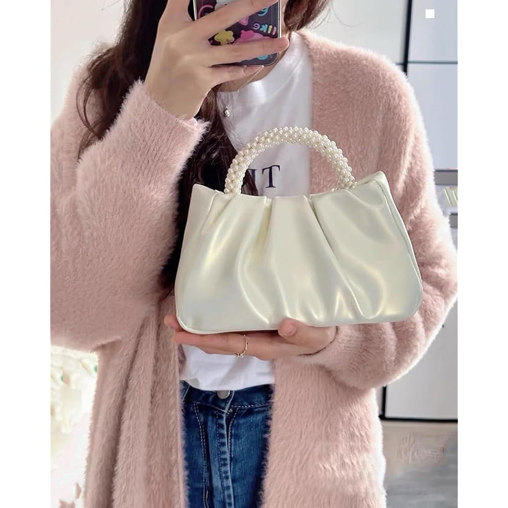 Beatfull Evening Purse Women Small Pearl Handbags Soft Leather Ruched Bag Wedding Bridal Clutch Party Prom Crossbody Purses