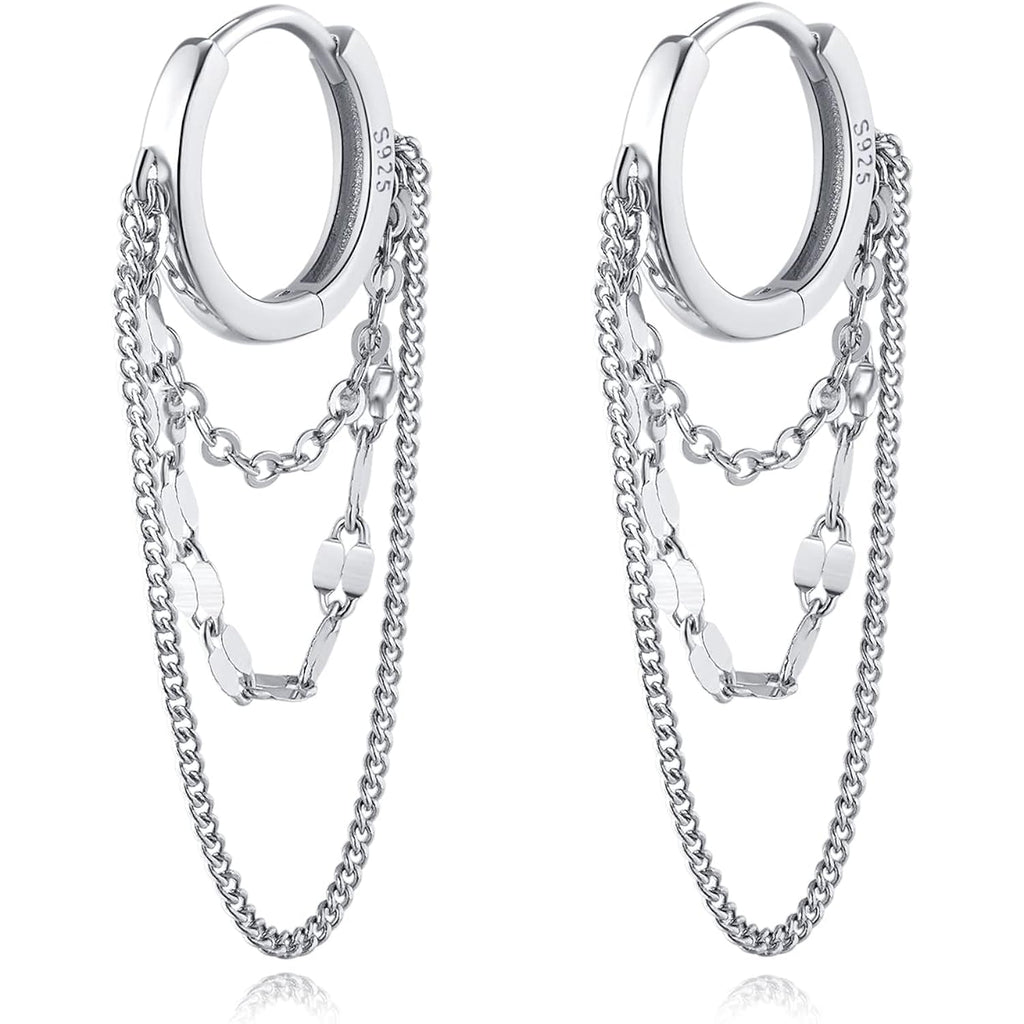 Reffeer Solid 925 Sterling Silver Chain Drop Earrings Hoop for Women Teens Hoop Earrings Tassel Chain Huggie Dangle Earrings