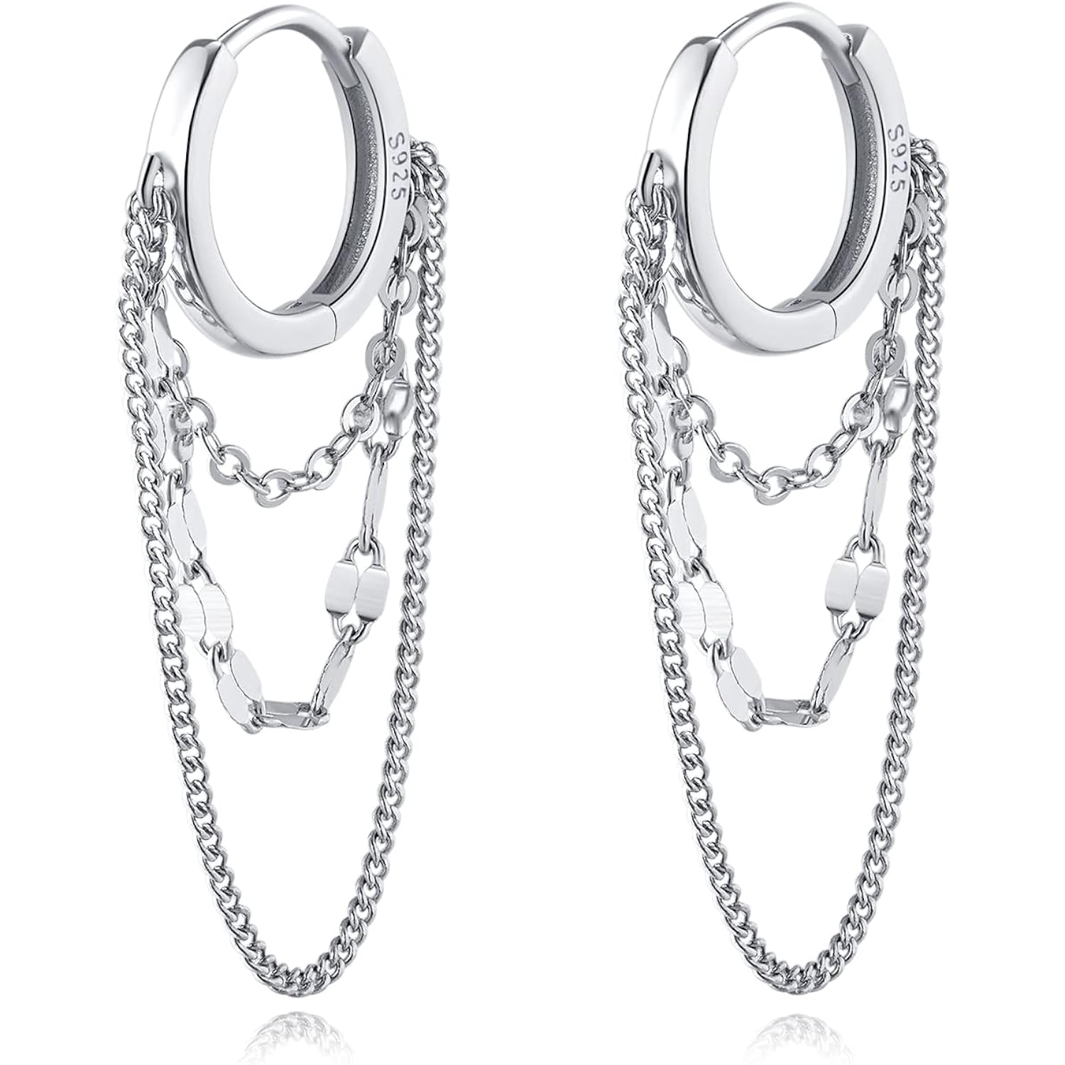 Reffeer Solid 925 Sterling Silver Chain Drop Earrings Hoop for Women Teens Hoop Earrings Tassel Chain Huggie Dangle Earrings