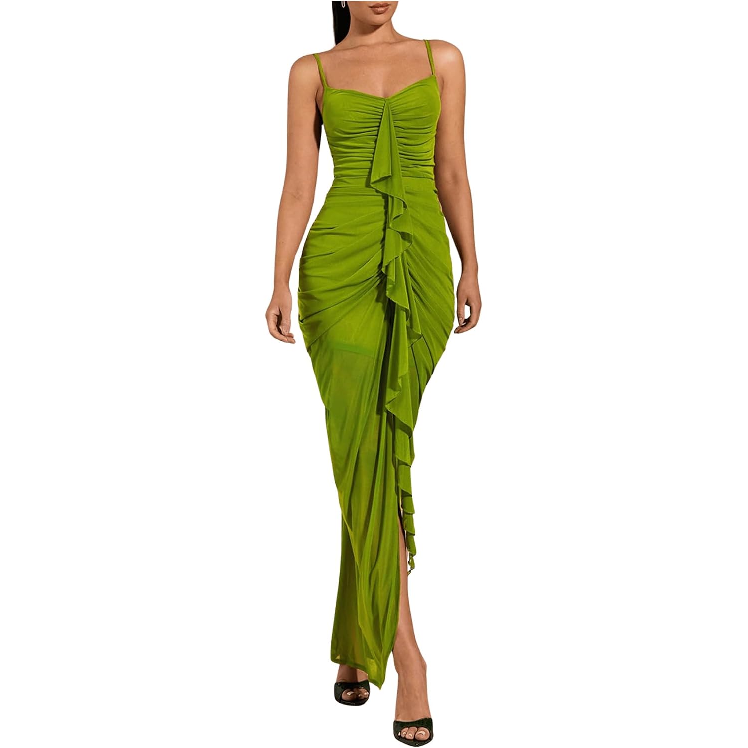 Floerns Women'S Ruffle Ruched Cami Dress Draped Split Elegant Bodycon Maxi Dresses