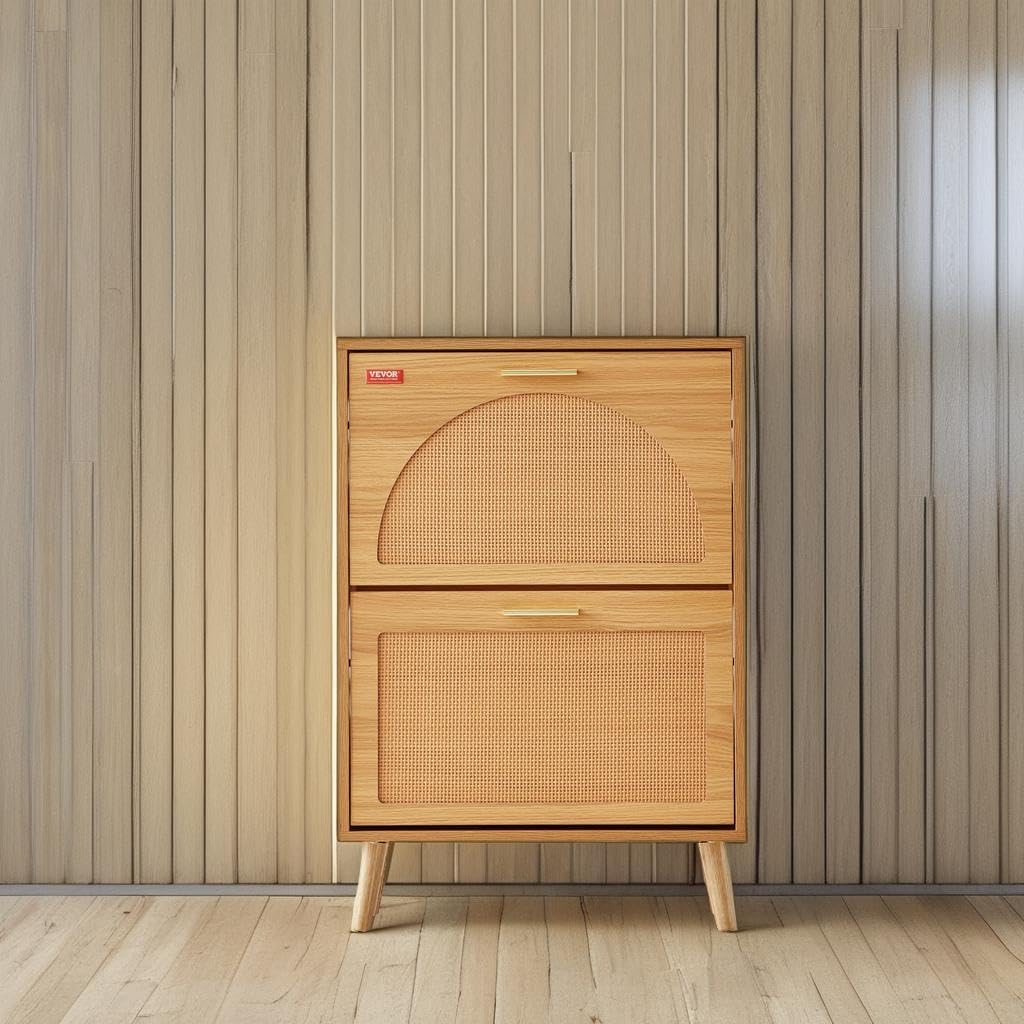 Vevor Shoe Cabinet With 2 Flip Drawers, Shoe Storage Cabinet For Entryway, Free Standing Shoe Storage Organizer With Rattan Doors For Heels, Boots, Slippers In Hallway, Living Room