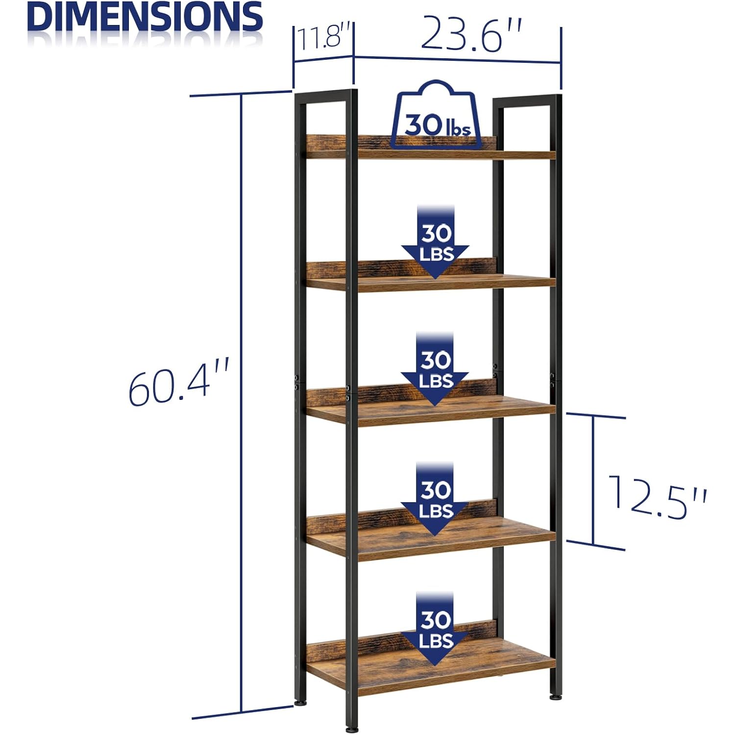NUMENN Bookshelf, 5 Tier Bookshelves, Home Office Bookcase Shelf Storage Organizer, Free Standing Storage Shelving Unit for Bedroom, Living Room and Home Office, Vintage