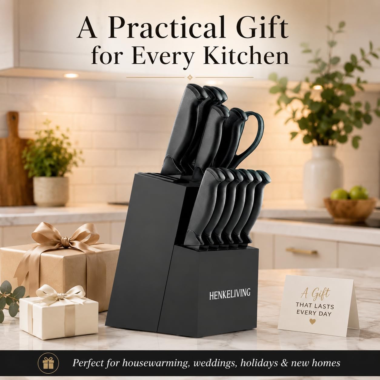Knife Set, 14-Piece Black Dishwasher Safe Kitchen Knife Block Set with Built-In Sharpener, German High Carbon Stainless Steel Blades, Ultra Sharp Knives with Ergonomic Non-Slip Handles