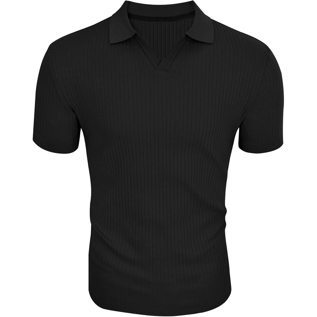 Men'S Muscle V Neck Polo Shirts Slim Fit Short Long Sleeve Cotton Golf T-Shirts Ribbed Knit Soft Tees