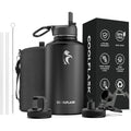 64 Oz Water Bottle Insulated With Straw & 3 Lids, Coolflask Large Metal Stainless Steel Water Jug Big Half Gallon Wide Mouth For Sports, Gym Or Hiking, Non-Bpa Keep Cold 48H Hot 24H, Magic Black