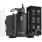 64 Oz Water Bottle Insulated With Straw & 3 Lids, Coolflask Large Metal Stainless Steel Water Jug Big Half Gallon Wide Mouth For Sports, Gym Or Hiking, Non-Bpa Keep Cold 48H Hot 24H, Magic Black