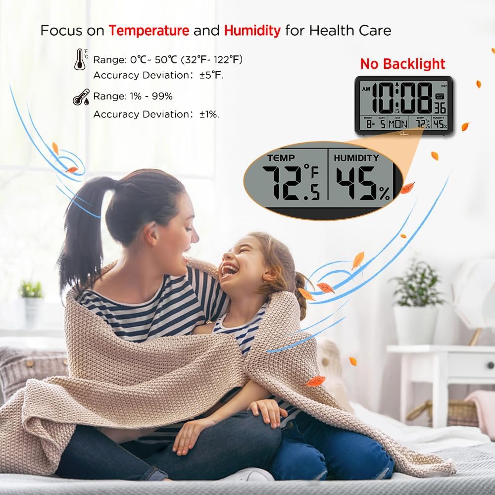 Auto Set Digital Wall Clock Battery Operated, Desk Clocks With Temperature, Humidity And Date, Large Display Digital Calendar Alarm Clock For Elderly, Bedroom, Office, 8 Time Zone, Auto Dst.