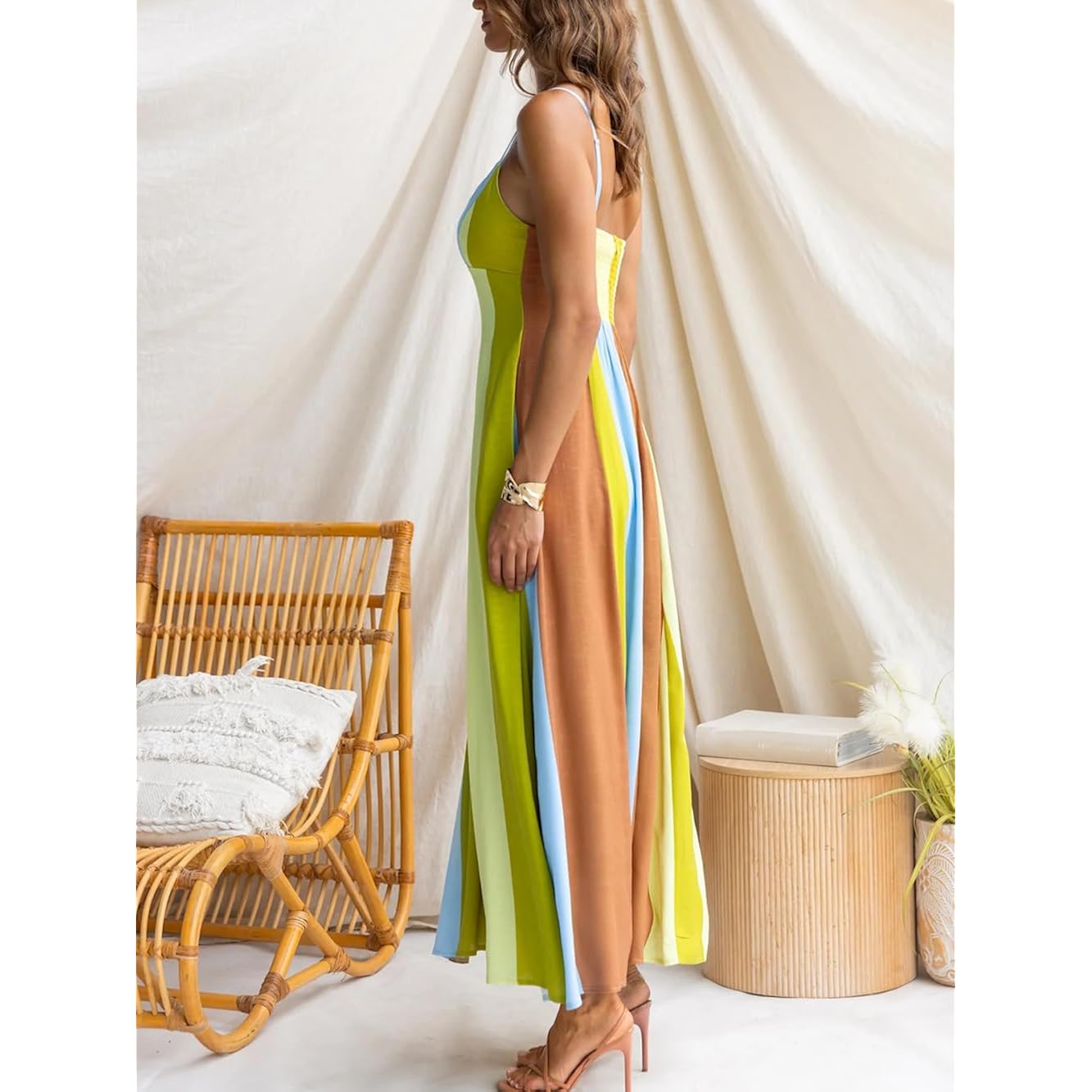Women'S 2026 Fashion Striped Dress Sleeveless Chest Wrap Backless Halter High Waist Beach Vacation Dress