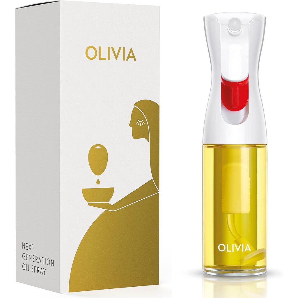 Olivia Signature Advanced Kitchen Oil Sprayer With Flairosol Technology, Fine Mist & Portion Control, Refillable Glass Olive Oil Cooking Spray Bottle For Air Fryer, Salad, Bbq, 130Ml (White Print)