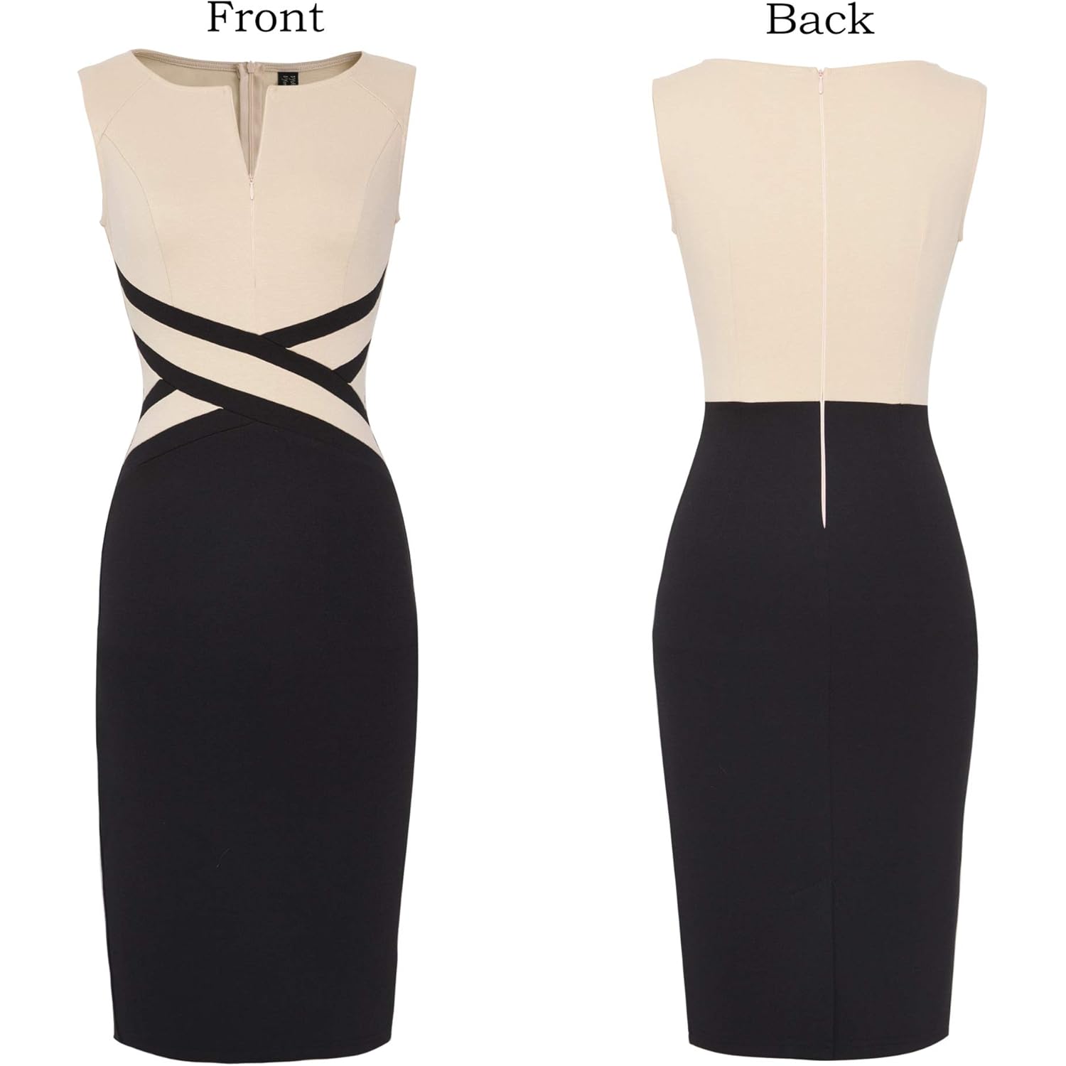 Womens Colorblock Patchwork Slim Front Zipper Work Business Office Party Bodycon Pencil Sheath Dress