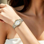 Jewelrywe Women'S Ultra Thin Easy Reader Watch With Elastic Strap Golden/Silver Tone Stretch Band Watches For Daily And Office
