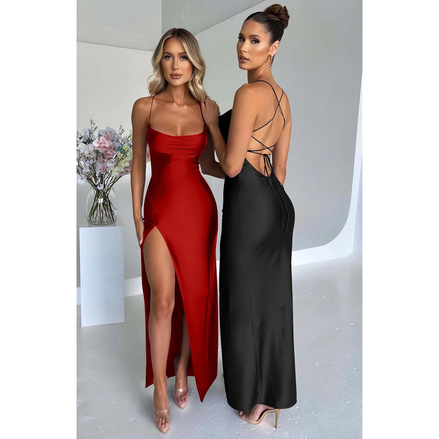 Memoriesea Women'S Sexy Spaghetti Strap Bodycon Cowl Neck Party Cocktail Maxi Dress