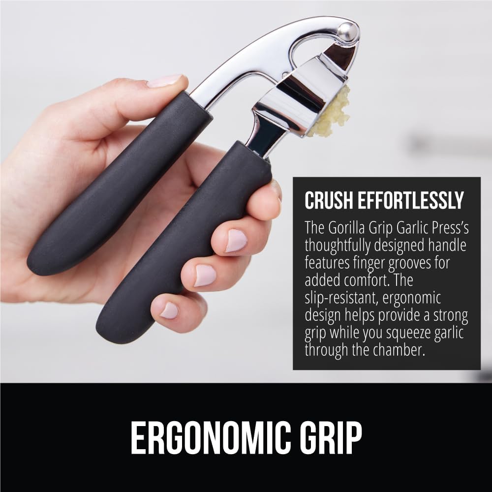 Gorilla Grip Garlic Press And Peel Set, Heavy Duty Mincer Tool, Large Ergonomic Handle, Easily Mince And Crush Garlics, Ginger, Nuts, Seeds, Peeler Included, Peeling Cloves, Kitchen Gadgets, Black