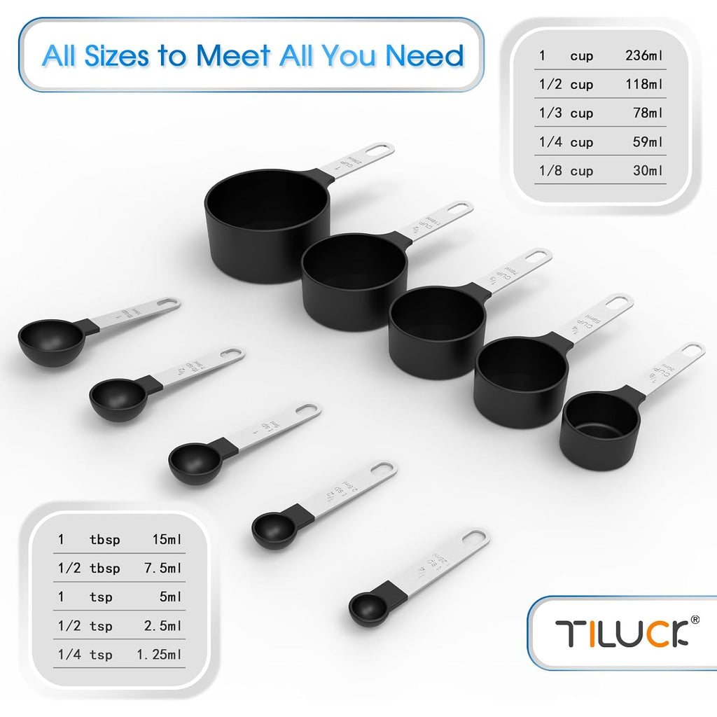 Measuring Cups & Spoons Set, Stackable Cups And Spoons | Nesting Measure Cups With Stainless Steel Handle, Kitchen Gadgets For Cooking & Baking (Black)