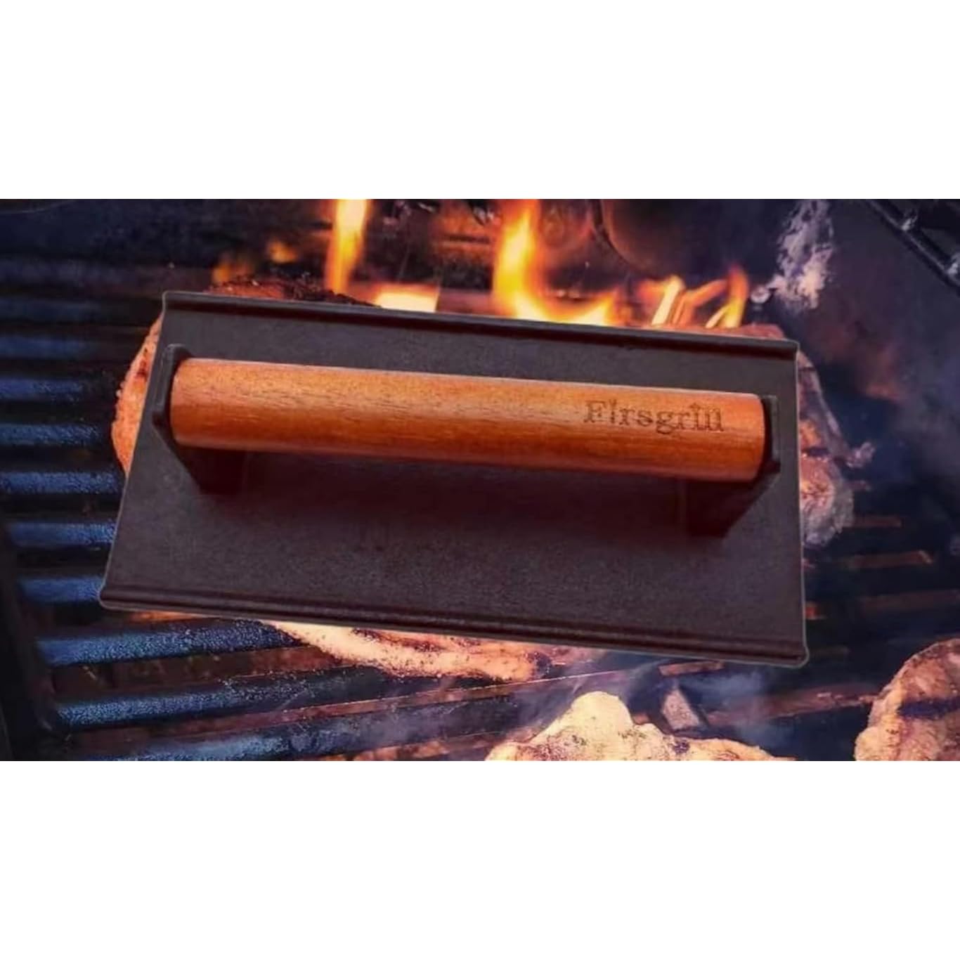 Burger Press 7.08" Round & 8.3”X4.3”Rectangle Heavy-Duty Cast Iron Smash Meat Steak With Wood Handle For Blackstone Camp Chef Pitboss Weber Treager Griddle (Round & Rectangle W Flat Bottom)
