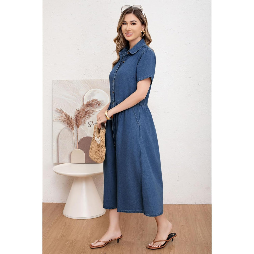 Utcoco Womens Denim Dress Lapel Short Sleeve Frayed Hem Jean Dresses Oversized Button Down A Line Shirt Dress
