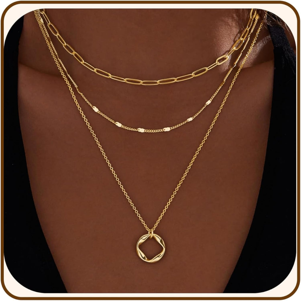 Poxtex Layered Gold Necklaces for Women, Stackable Dainty 14K Gold Silver Plated Trendy Simple Heart Diamond Cross Bow Circle Pendant Paperclip Choker Dot Chain Necklace,Jewelry Set Gifts for Women