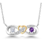 Gem Stone King Customized Personalized Engraved 2-Stone Heart Interlocking Infinity Pendant Necklace For Women | 925 Sterling Silver and 10K Yellow Gold | Gemstone Birthstone and Lab Grown Diamond |