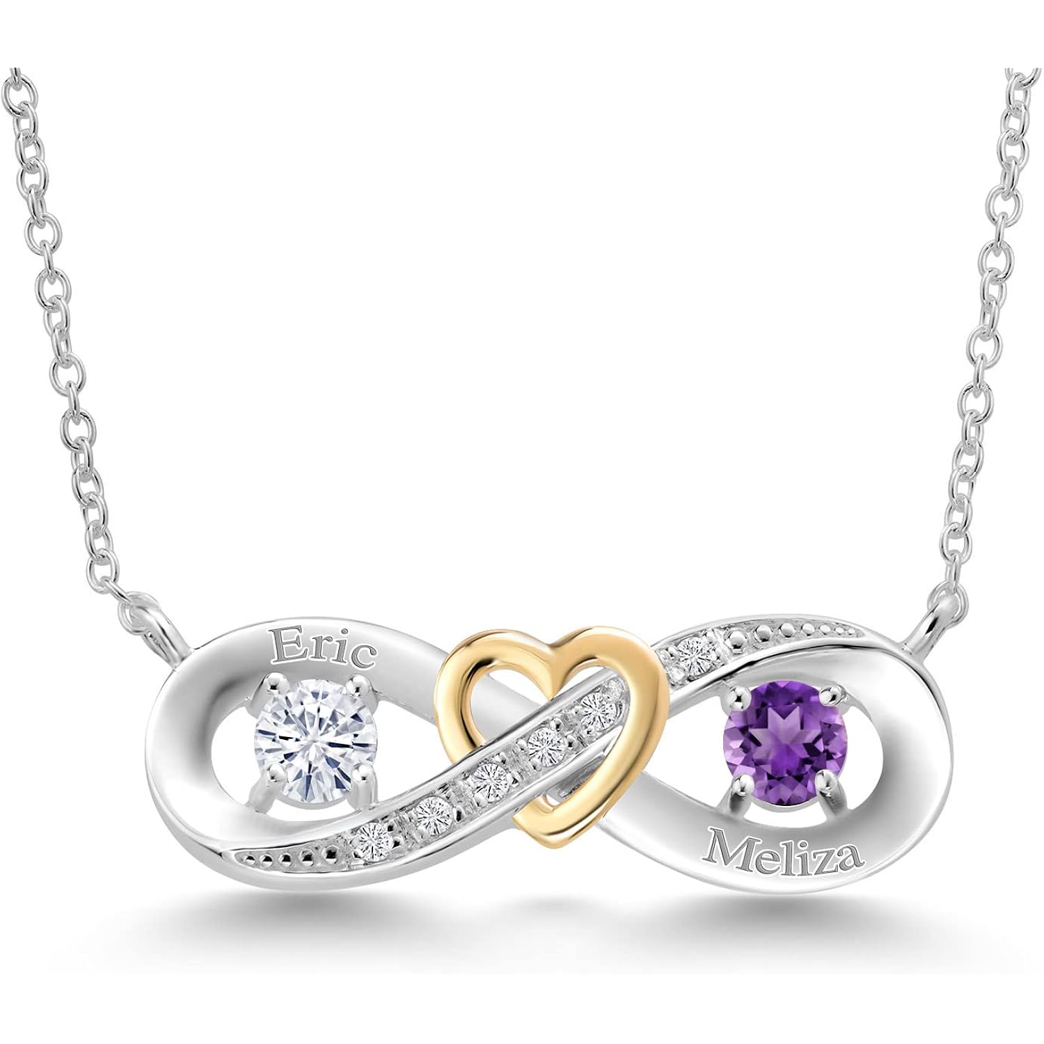 Gem Stone King Customized Personalized Engraved 2-Stone Heart Interlocking Infinity Pendant Necklace For Women | 925 Sterling Silver and 10K Yellow Gold | Gemstone Birthstone and Lab Grown Diamond |