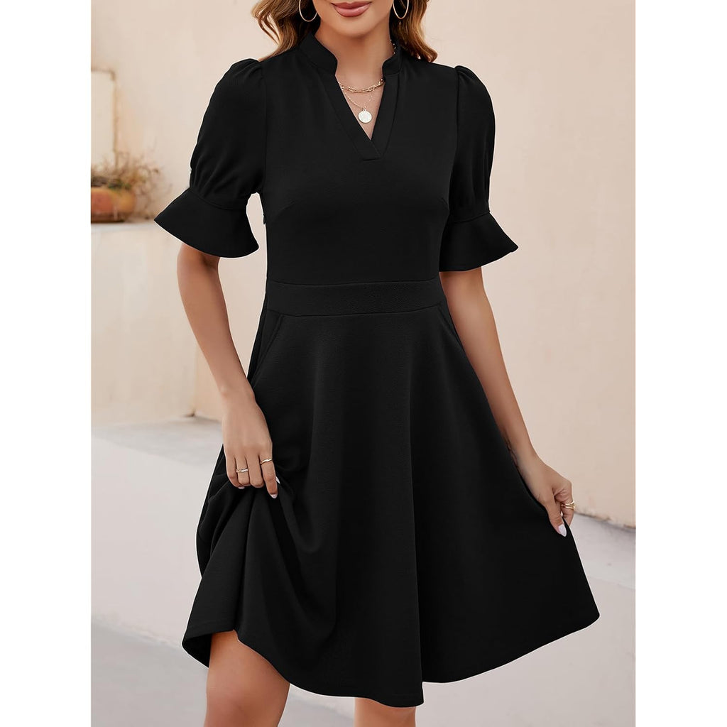 Mokayee Womens Summer V Neck Ruffle Short Sleeve Fit And Flare Knee Length Church Wedding Guest Dresses With Pockets