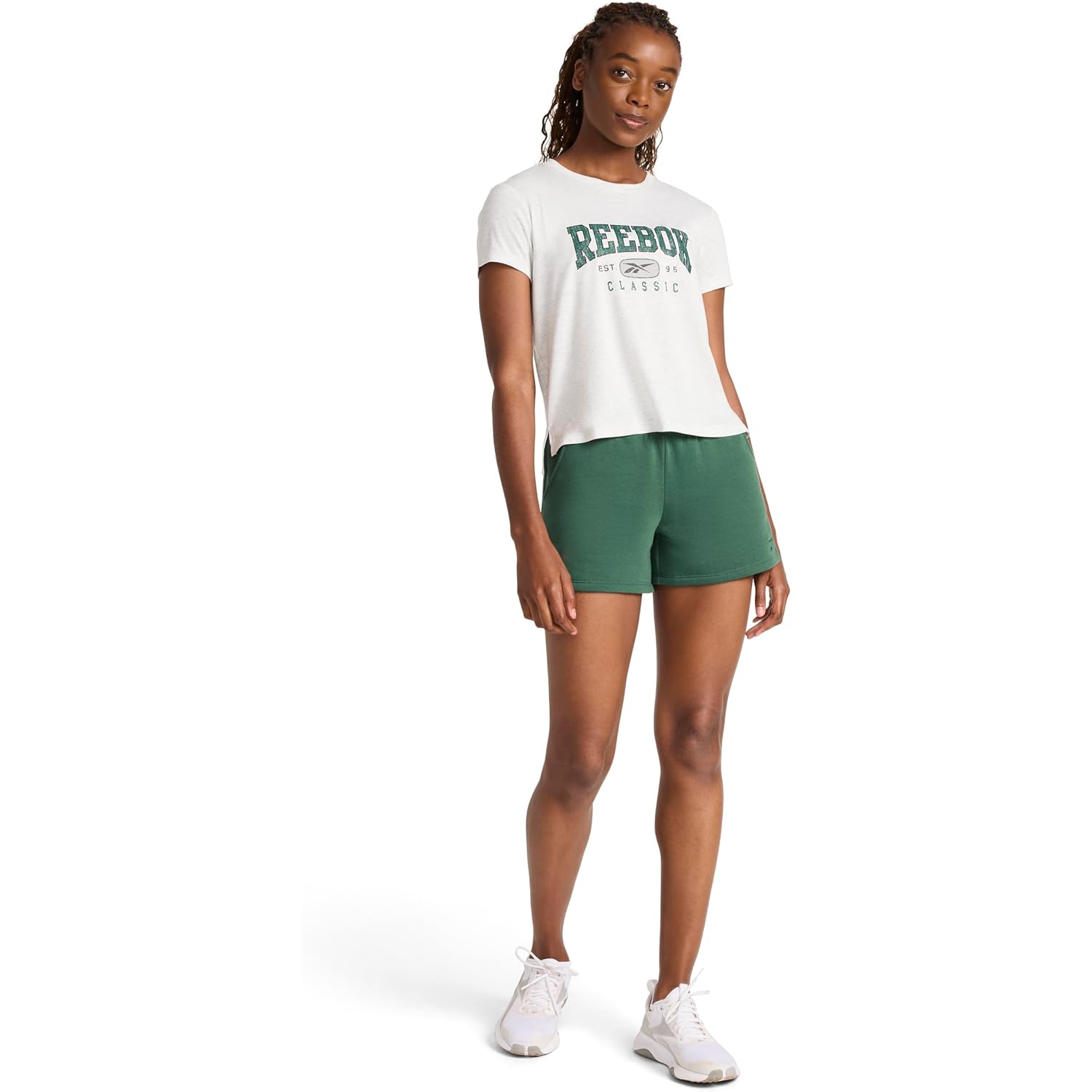 Reebok Women's Classic Athletic Graphic Crewneck Cropped T-Shirt Egret Heather/Pineneedle