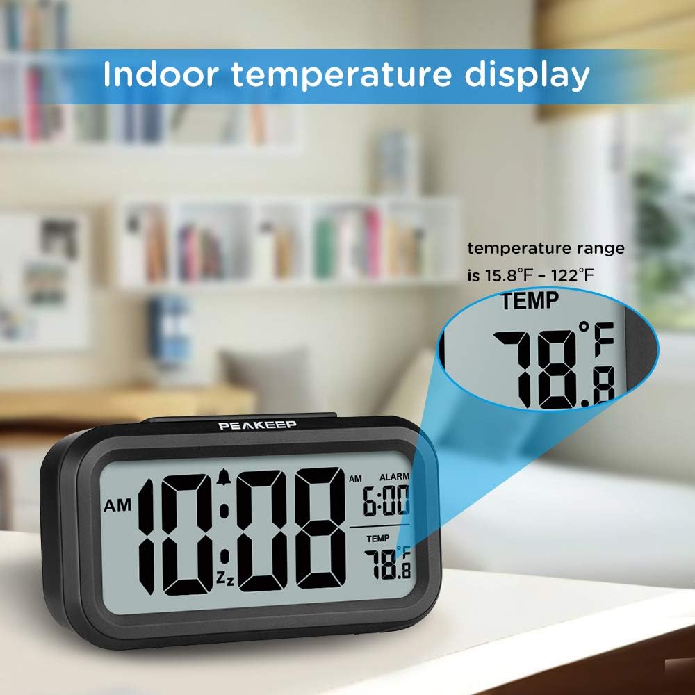Peakeep Night Light Digital Alarm Clock Battery Operated Indoor Temperature | Small Cordless Cute Clock For Bedroom Desk Travel, Simple To Use For Teens Kids (Black)